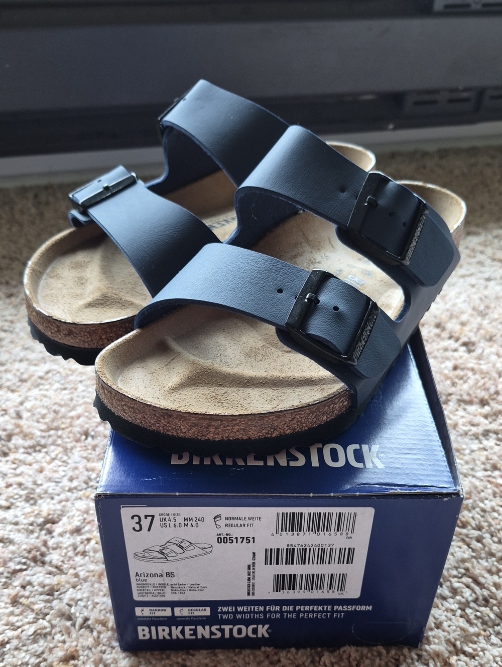 Birkenstock Arizona Navy Blue Two-Strap Sandal, NWT, 37